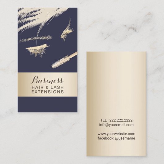 Hair & Lash Extensions Salon Modern Blue & Gold Visitekaartje (Voorkant / Achterkant)