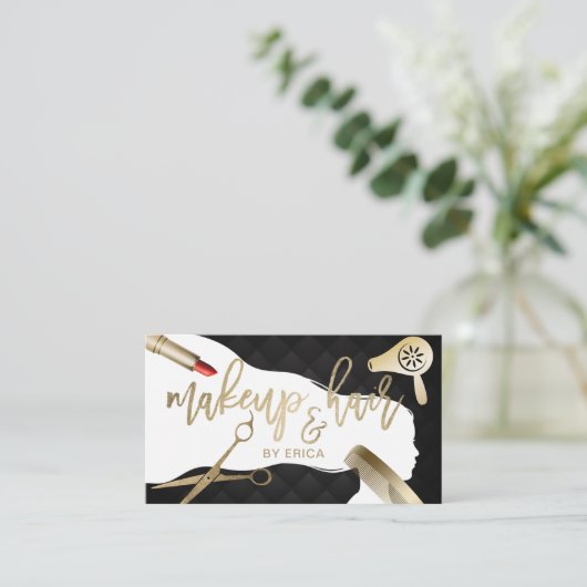 Hair & Makeup Beauty Salon Black & Gold Typografie Visitekaartje (Staand voorkant)