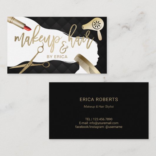 Hair & Makeup Beauty Salon Black & Gold Typografie Visitekaartje (Voorkant / Achterkant)
