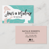 Hair & Makeup Beauty Salon Blauwgroen & Roze Typog Visitekaartje (Voorkant / Achterkant)