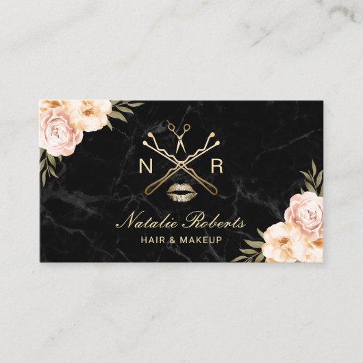Hair Makeup Beauty Salon Logo Modern Floral Marmer Visitekaartje (Voorkant)