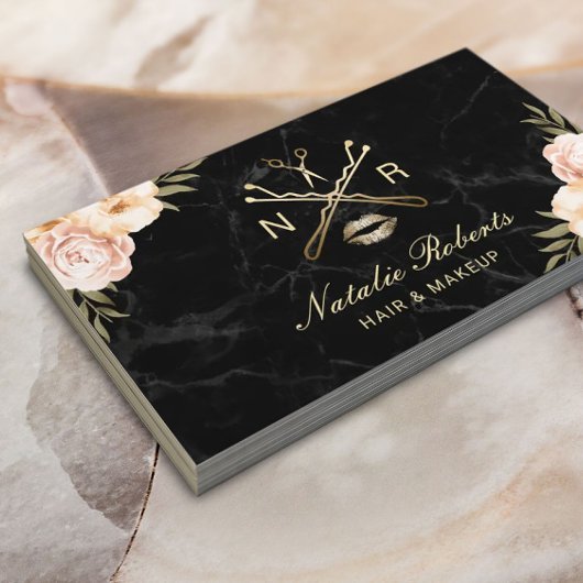 Hair Makeup Beauty Salon Logo Modern Floral Marmer Visitekaartje