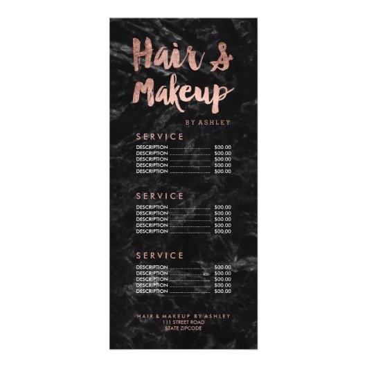 Hair makeup Gold script zwarte marmer prijslijst Reclamekaart (Voorkant)