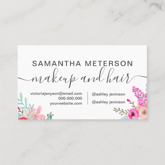 Hair makeup mint roze floral waterverf script afsprakenkaartje (Achterkant)