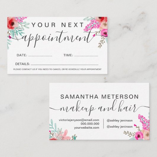 Hair makeup mint roze floral waterverf script afsprakenkaartje (Voorkant / Achterkant)