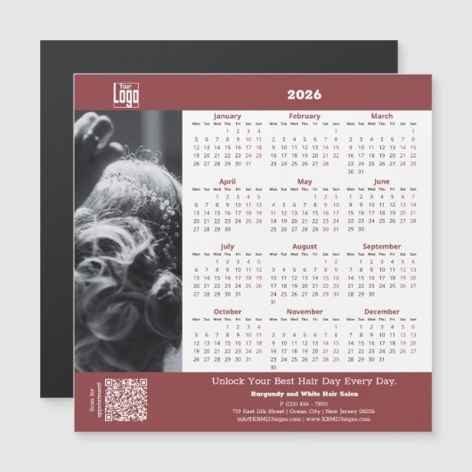 Hair Salon Burgundy White 2026 Calendar Magnet (Voorkant / Achterkant)