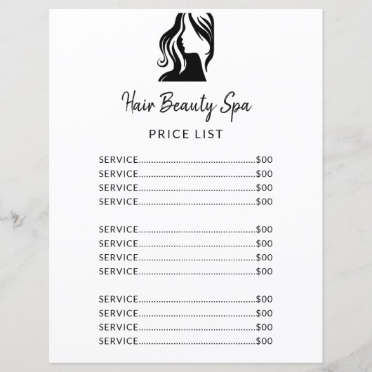 Hair salon elegant Black White Service menu flyer (Voorkant)