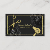Hair Salon Gold Scissor & Dryer Black Floral Visitekaartje (Voorkant)