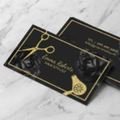 Hair Salon Gold Scissor & Dryer Black Floral Visitekaartje