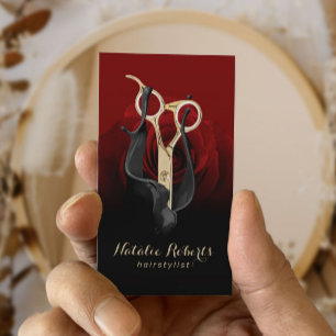 Hair Salon Gold Scissor & Red Rose Modern Stylist Visitekaartje
