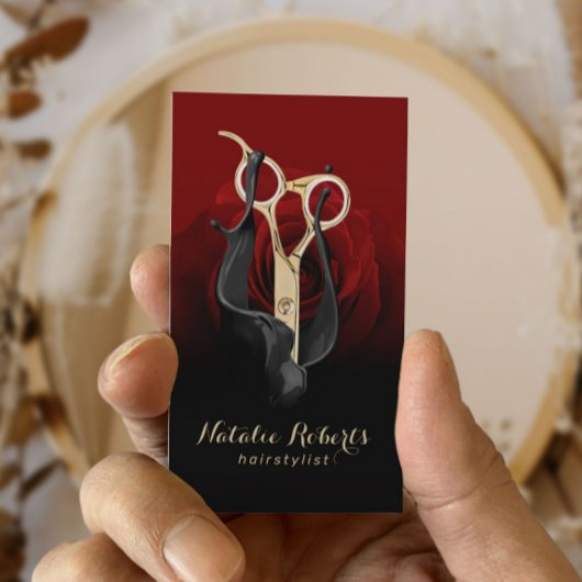 Hair Salon Gold Scissor & Red Rose Modern Stylist Visitekaartje