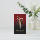 Hair Salon Gold Scissor & Red Rose Modern Stylist Visitekaartje (Staand voorkant)