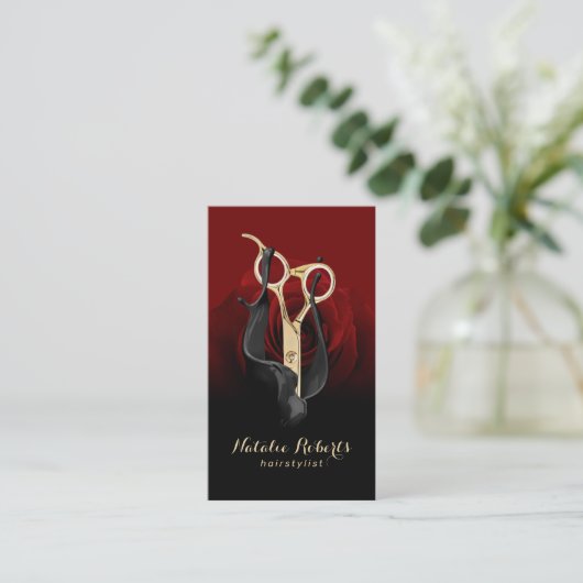 Hair Salon Gold Scissor & Red Rose Modern Stylist Visitekaartje (Staand voorkant)