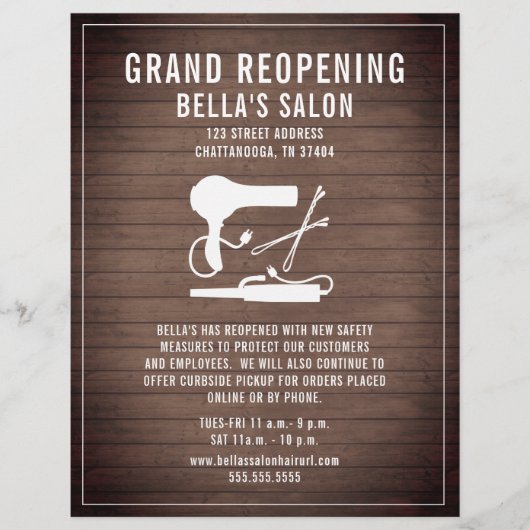 Hair Salon Grand Reopening Rustic Wood Flyer (Voorkant)