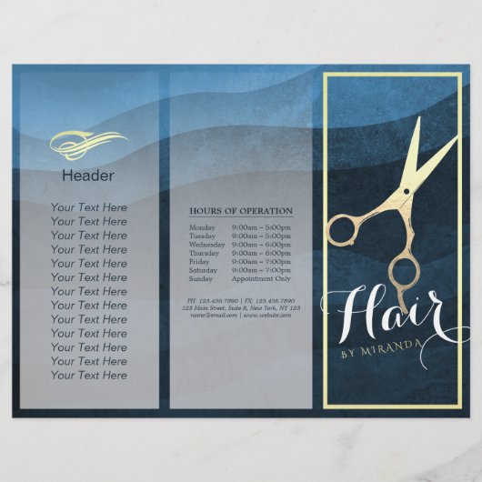 Hair Salon Haarstylist Blue Gold Scissors Tri Fold (Voorkant)