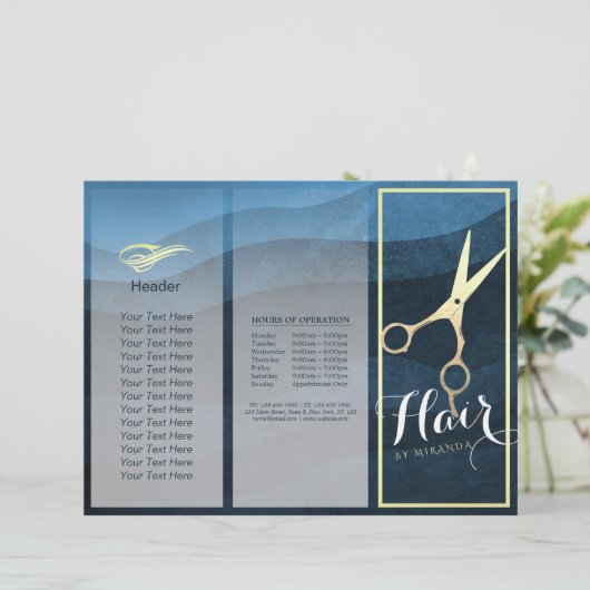 Hair Salon Haarstylist Blue Gold Scissors Tri Fold (Staand voorkant)