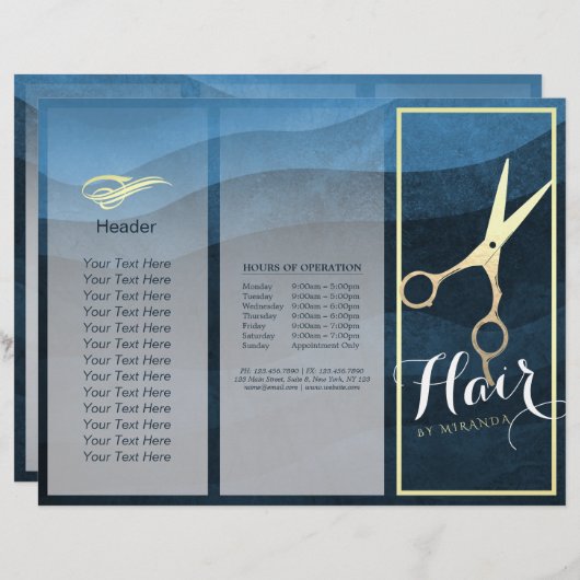Hair Salon Haarstylist Blue Gold Scissors Tri Fold (Voorkant / Achterkant)