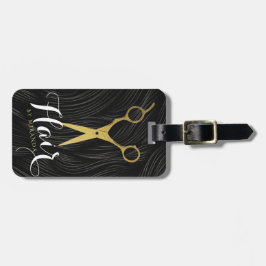 Hair Salon Haarstylist Modern Black Gold Scissors Bagagelabel