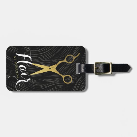 Hair Salon Haarstylist Modern Black Gold Scissors Bagagelabel (Voorkant horizontaal)