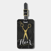 Hair Salon Haarstylist Modern Black Gold Scissors Bagagelabel (Voorkant verticaal)