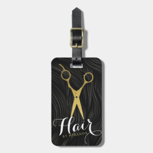 Hair Salon Haarstylist Modern Black Gold Scissors Bagagelabel