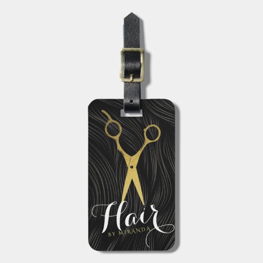 Hair Salon Haarstylist Modern Black Gold Scissors Bagagelabel (Voorkant verticaal)