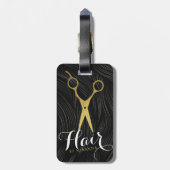 Hair Salon Haarstylist Modern Black Gold Scissors Bagagelabel (Achterkant verticaal)