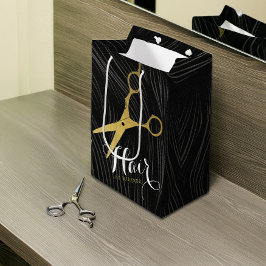 Hair Salon Haarstylist Modern Black Gold Scissors Medium Cadeauzakje