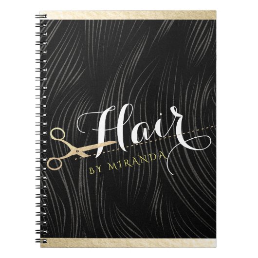 Hair Salon Haarstylist Modern Black Gold Scissors Notitieboek (Voorkant)