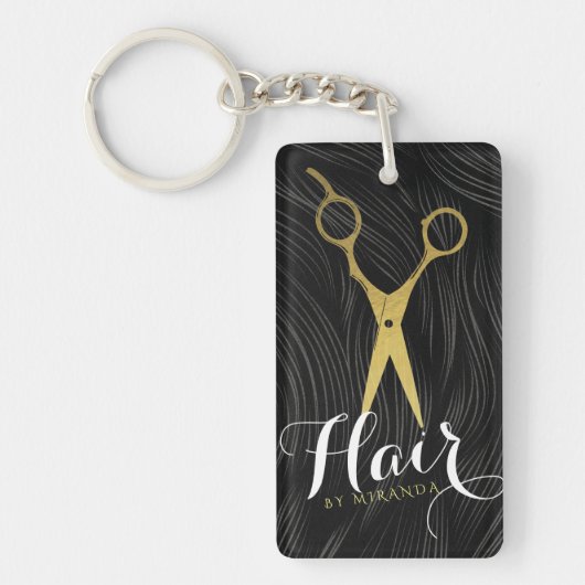 Hair Salon Haarstylist Modern Black Gold Scissors Sleutelhanger (Voorkant)