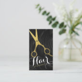 Hair Salon Haarstylist Modern Black Gold Scissors Visitekaartje (Staand voorkant)