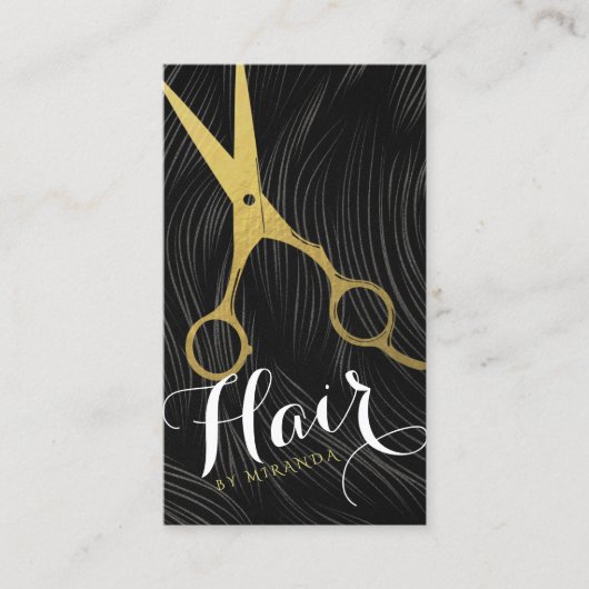Hair Salon Haarstylist Modern Black Gold Scissors Visitekaartje (Voorkant)
