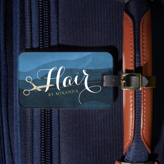 Hair Salon Haarstylist Modern Blue & Gold Scissors Bagagelabel (Voorkant Insitu 4)