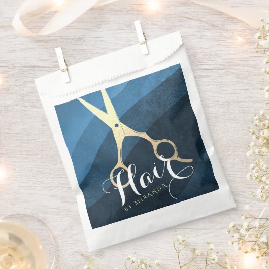 Hair Salon Haarstylist Modern Blue & Gold Scissors Bedankzakje (Geknipt)