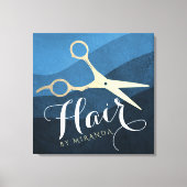 Hair Salon Haarstylist Modern Blue & Gold Scissors Canvas Afdruk (Voorkant)