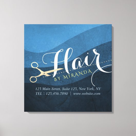 Hair Salon Haarstylist Modern Blue & Gold Scissors Canvas Afdruk (Voorkant)