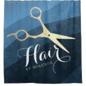 Hair Salon Haarstylist Modern Blue & Gold Scissors Douchegordijn (Voorkant)