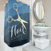 Hair Salon Haarstylist Modern Blue & Gold Scissors Douchegordijn