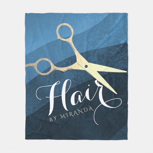 Hair Salon Haarstylist Modern Blue & Gold Scissors Fleece Deken (Voorkant)