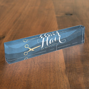 Hair Salon Haarstylist Modern Blue & Gold Scissors Naambordje