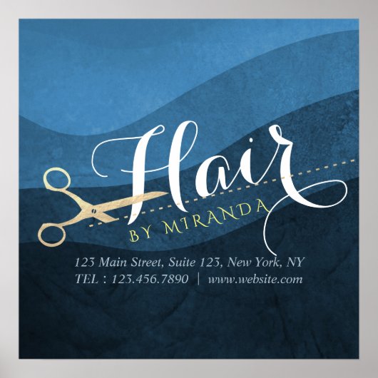 Hair Salon Haarstylist Modern Blue & Gold Scissors Poster (Voorkant)