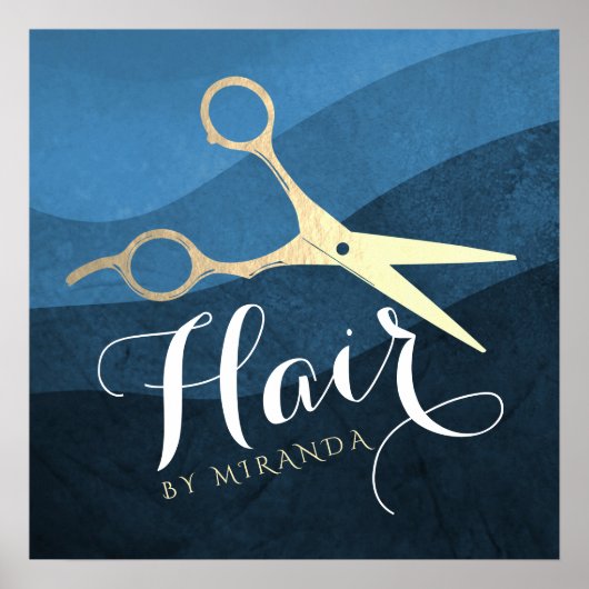Hair Salon Haarstylist Modern Blue & Gold Scissors Poster (Voorkant)