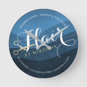 Hair Salon Haarstylist Modern Blue & Gold Scissors Ronde Klok