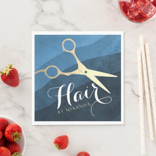 Hair Salon Haarstylist Modern Blue & Gold Scissors Servet (Insitu)