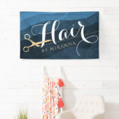 Hair Salon Haarstylist Modern Blue & Gold Scissors Spandoek (Insitu)