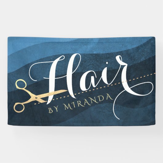 Hair Salon Haarstylist Modern Blue & Gold Scissors Spandoek (Horizontaal)