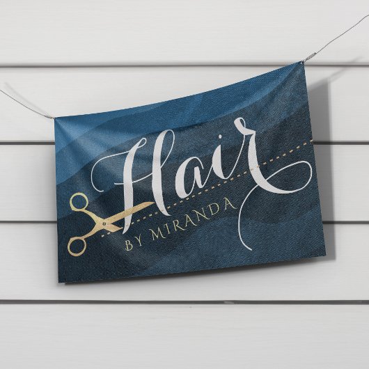 Hair Salon Haarstylist Modern Blue & Gold Scissors Spandoek