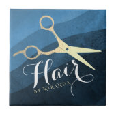 Hair Salon Haarstylist Modern Blue & Gold Scissors Tegeltje (Voorkant)