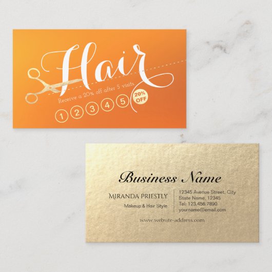 Hair Salon Haarstylist Modern Oranje Gold Scissors Klantenkaartje (Voorkant / Achterkant)