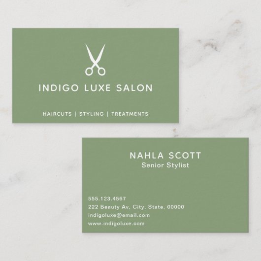 Hair Salon Haarstylist Modern Scissors Sage Green Visitekaartje (Voorkant / Achterkant)